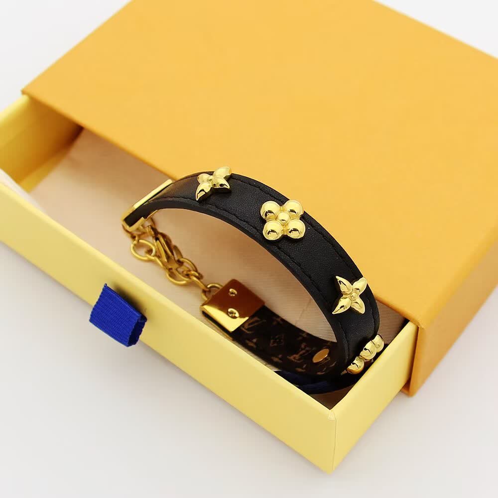 Louis Vuitton Black Leather Bracelet with Gold Accents